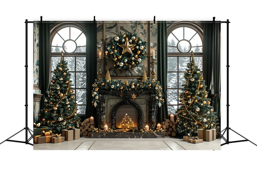 Christmas Gold Elegance Fireplace Backdrop BRP8-36