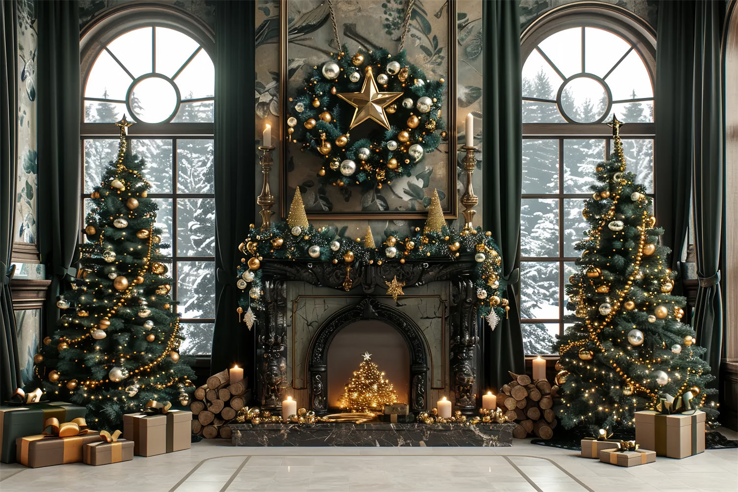 Christmas Gold Elegance Fireplace Backdrop BRP8-36