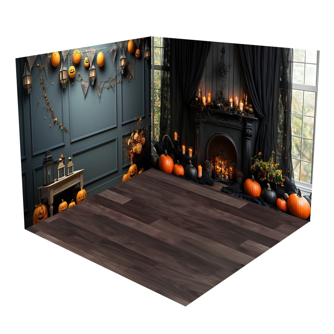 Halloween Pumpkins Fireplace Lantern Window Backdrop Room Set BRP8-362