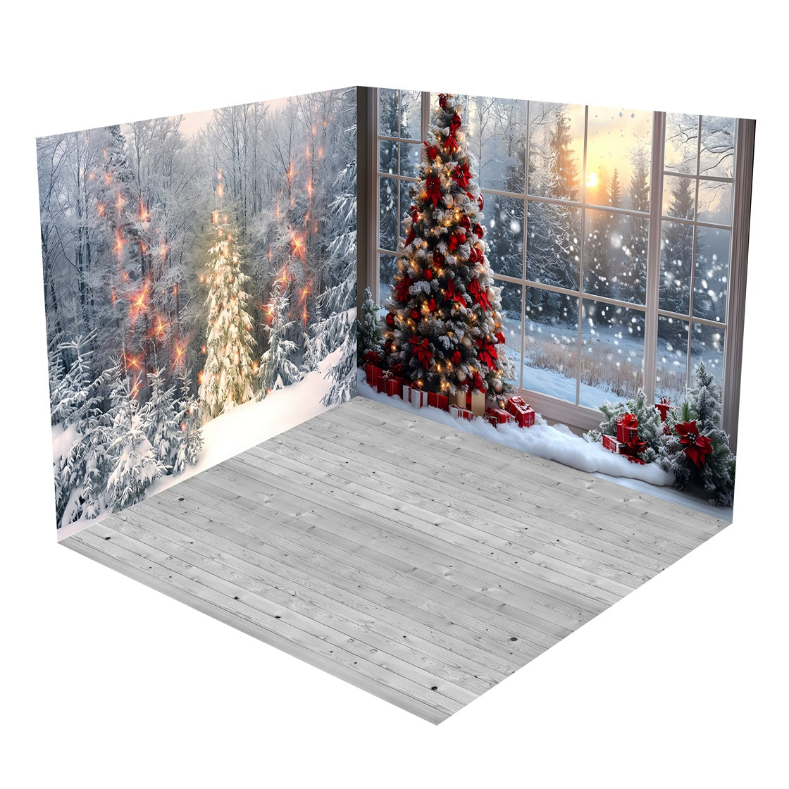 Snowy Christmas Trees and Sunset Window Backdrop Room Set BRP8-368