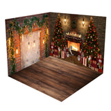 Christmas Trees Fireplace and Garland Brick Wall Backdrop Room Set BRP8-369