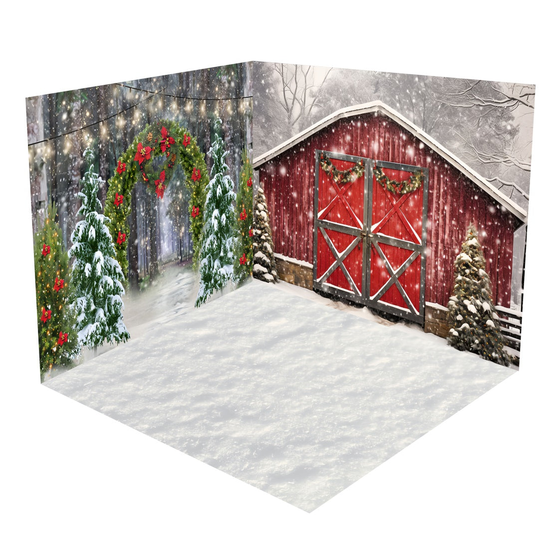 Red Barn and Snowy Christmas Trees Backdrop Room Set BRP8-371