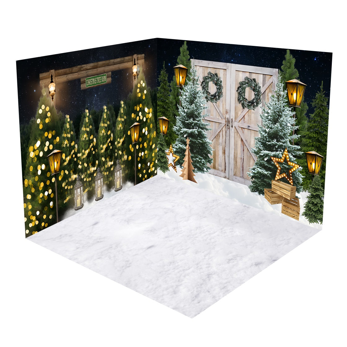 Christmas Trees Lantern and Wreath Barn Door Backdrop Room Set BRP8-377