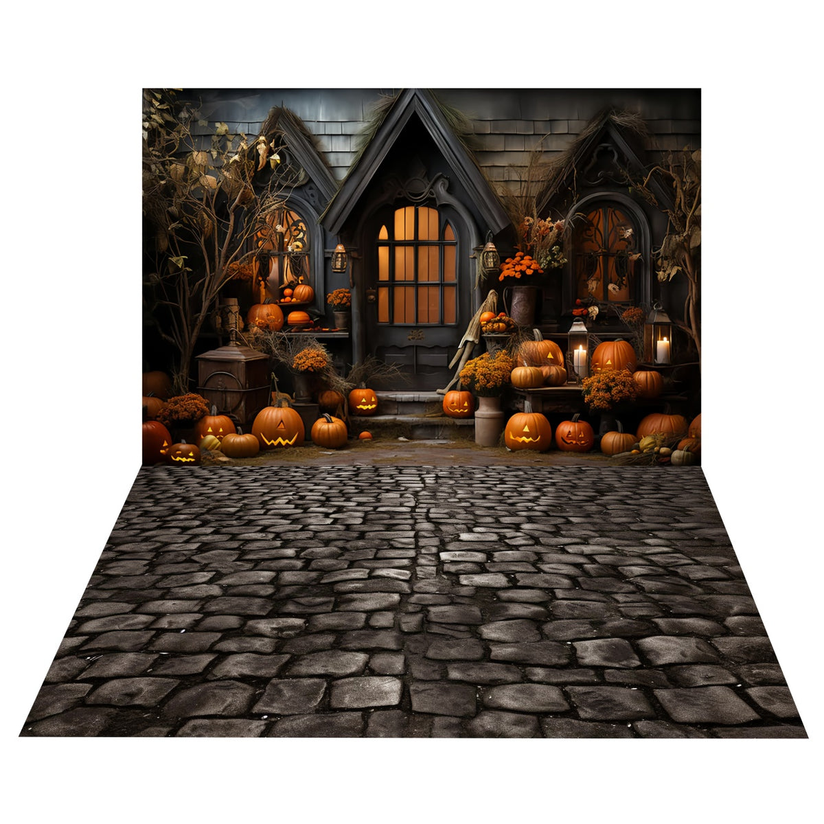 Halloween House Porch Backdrop+Cobblestone Path Floor Backdrop BRP8-384