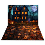 Full Moon Haunted House Backdrop+Leaf-Strewn Path Floor Backdrop BRP8-385