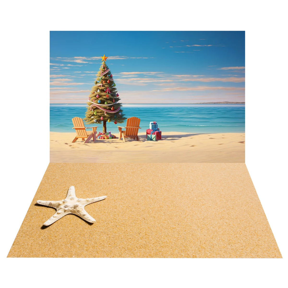 Oceanfront Christmas Tree Backdrop+Starfish Sand Floor Backdrop BRP8-389