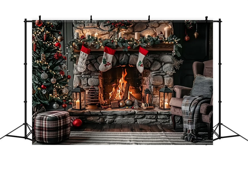 Rustic Stone Fireplace and Stockings Christmas Backdrop BRP8-39