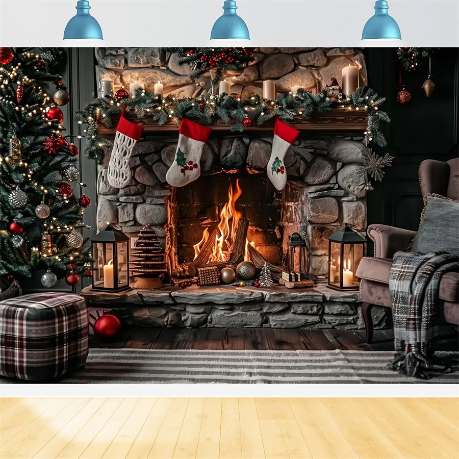 Rustic Stone Fireplace and Stockings Christmas Backdrop BRP8-39