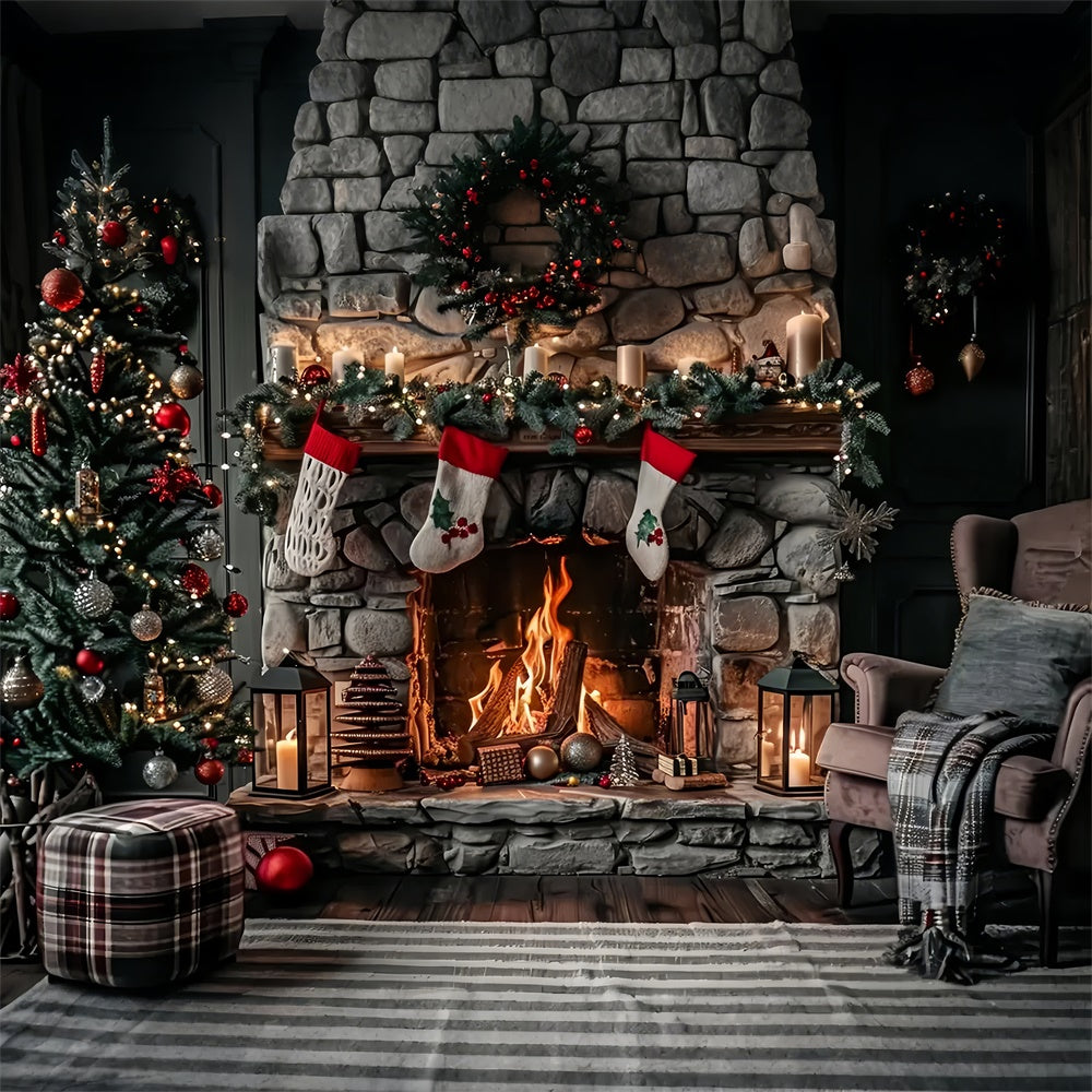 Rustic Stone Fireplace and Stockings Christmas Backdrop BRP8-39