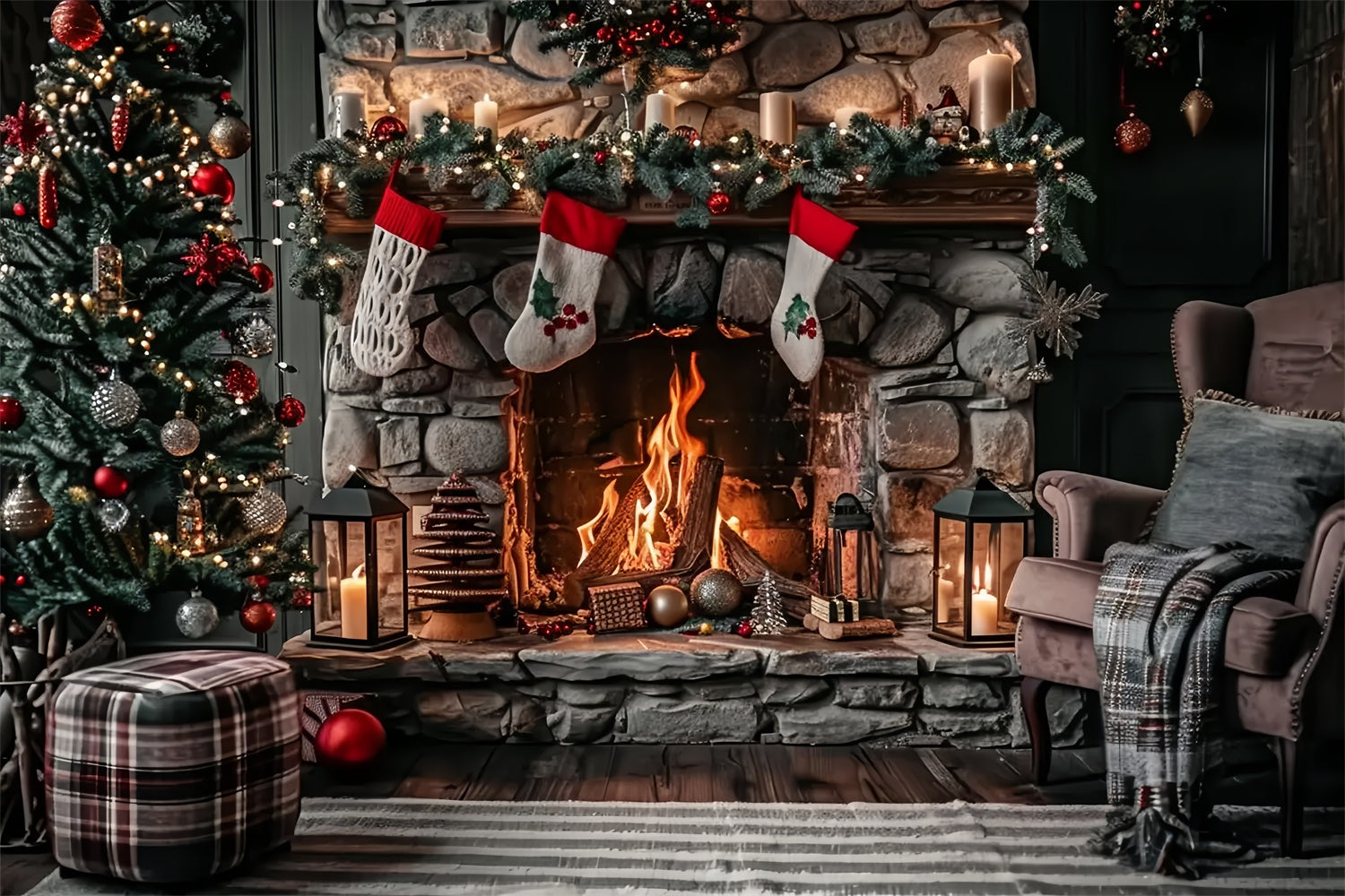 Rustic Stone Fireplace and Stockings Christmas Backdrop BRP8-39