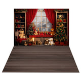 Christmas Bears Tree Window Scene Backdrop+Wood Grain Floor Set BRP8-390