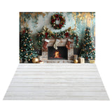 Christmas Tree Wreath Fireplace Backdrop+White Plank Floor Backdrop BRP8-391