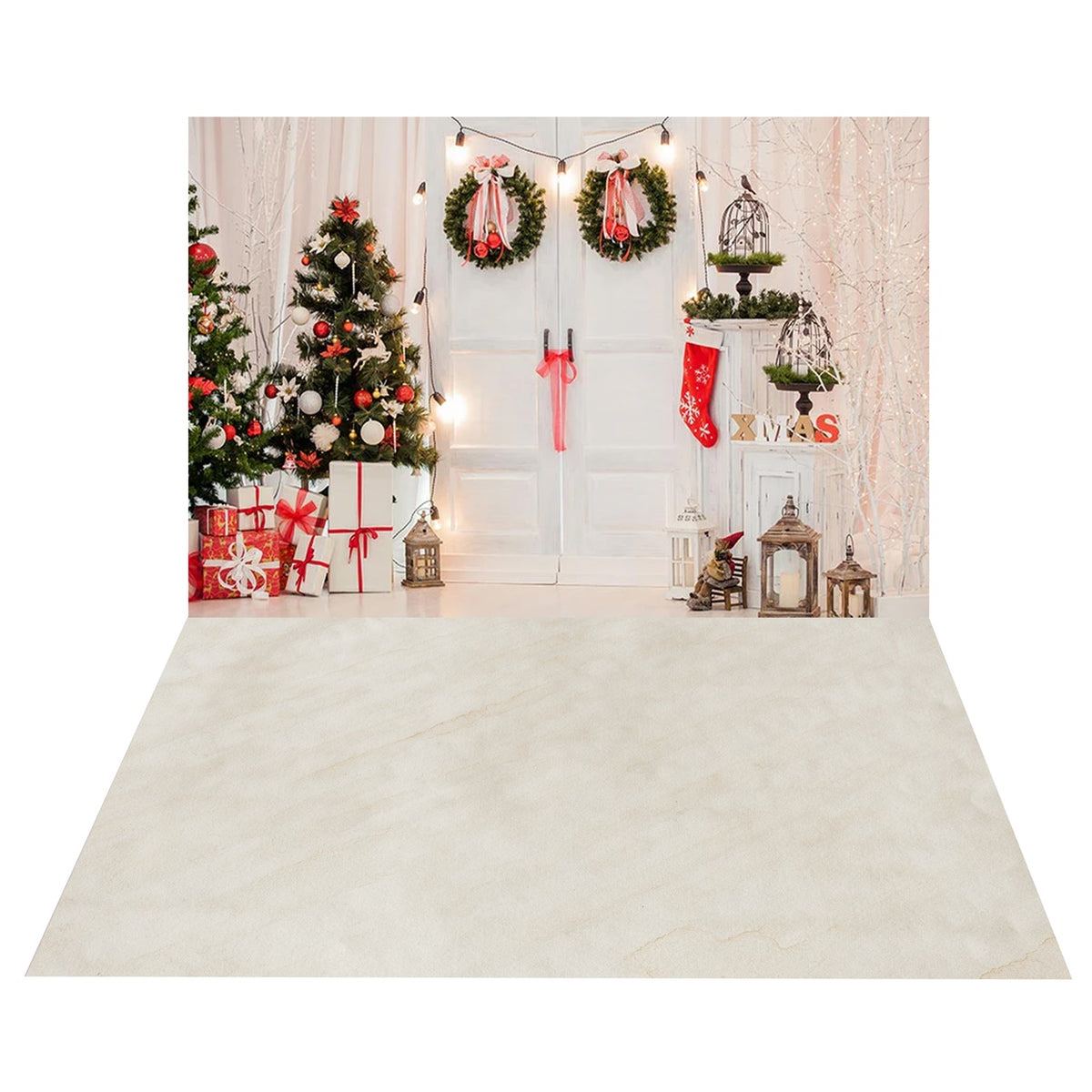 Christmas Wreaths Stockings Door Backdrop+White Floor Backdrop BRP8-396