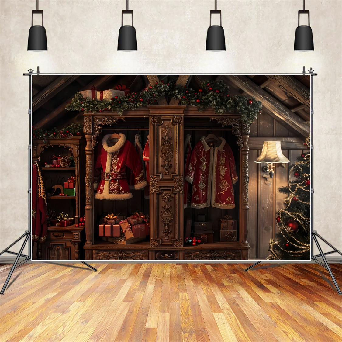 Santa’s Wardrobe and Gifts Christmas Backdrop BRP8-54