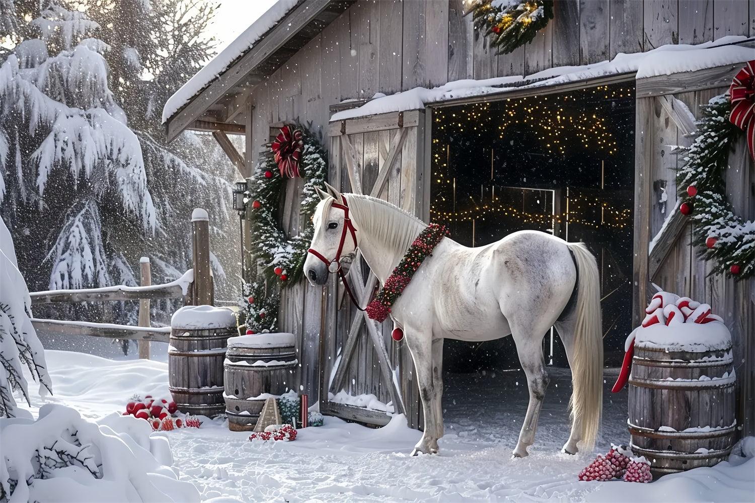 Christmas Barnyard with Festive Horse Backdrop BRP8-65