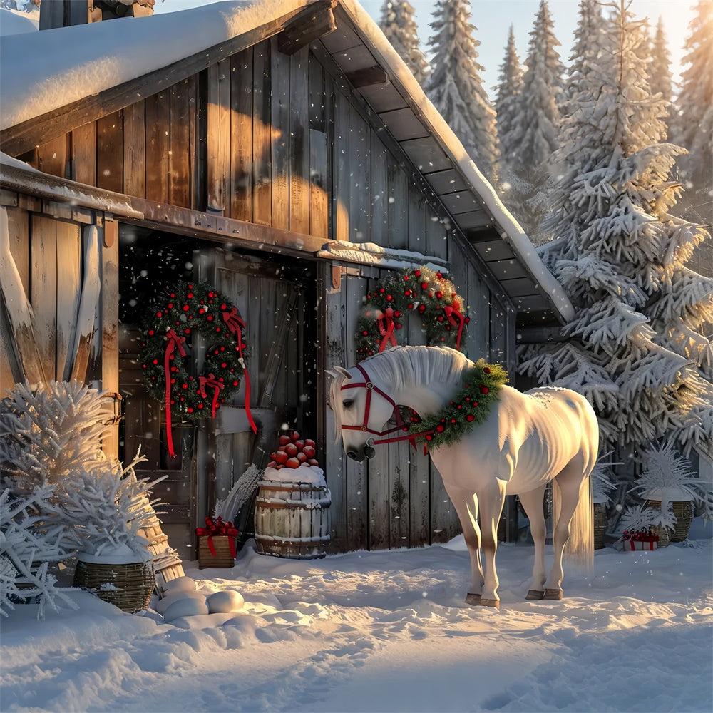 Christmas Horse in Snowy Barnyard Backdrop BRP8-66