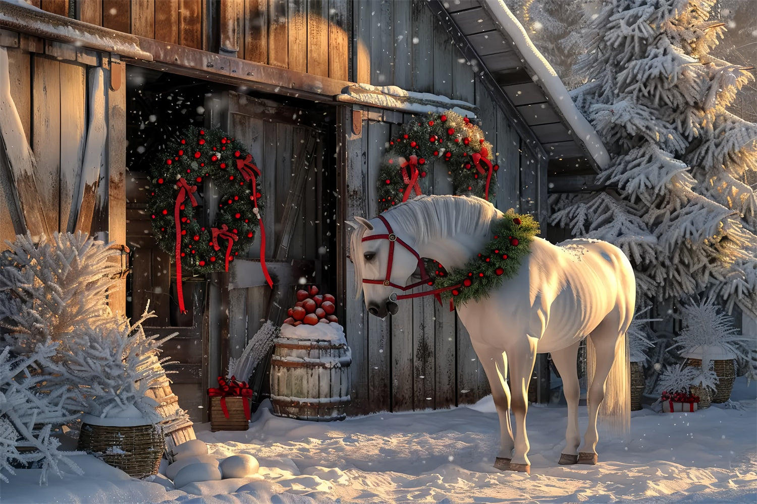 Christmas Horse in Snowy Barnyard Backdrop BRP8-66