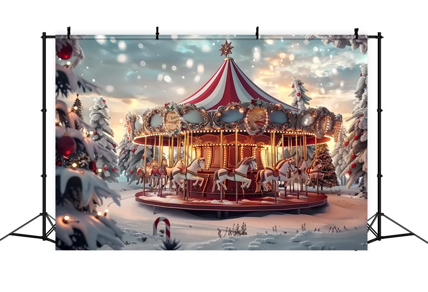 Christmas Carousel Amid Snowy Pines Backdrop BRP8-68