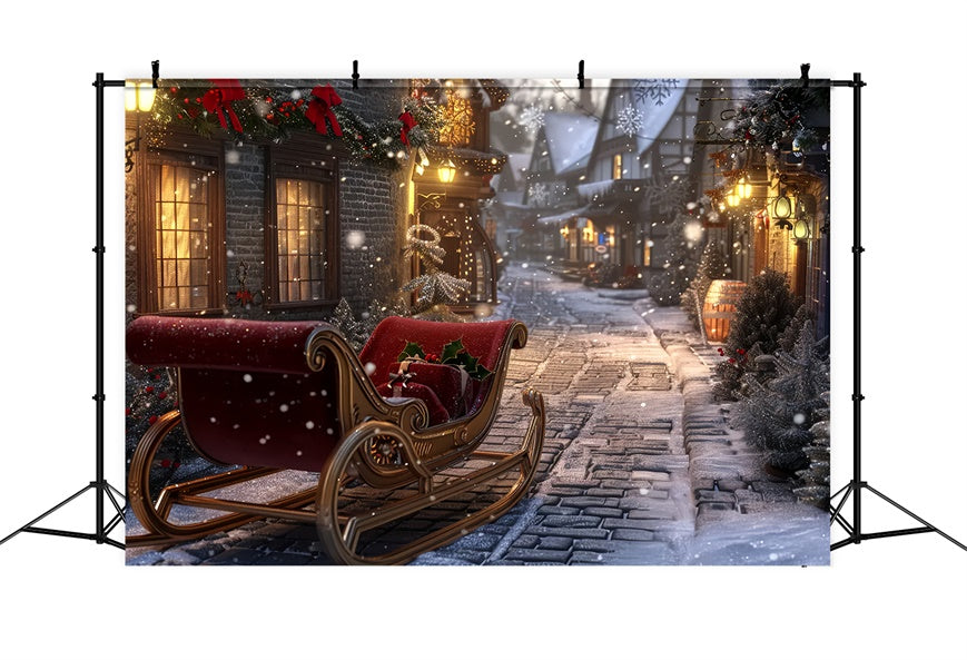 Snowy Night Christmas Sleigh Village Backdrop BRP8-71