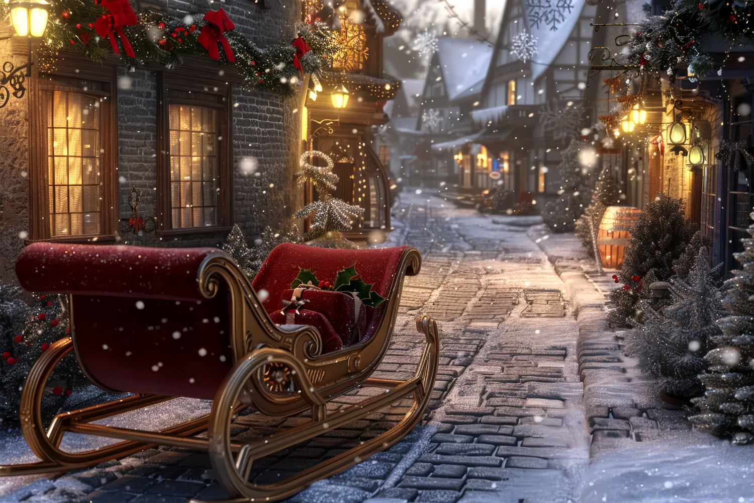 Snowy Night Christmas Sleigh Village Backdrop BRP8-71