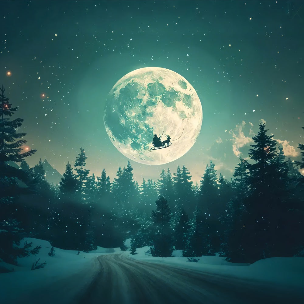 Santa’s Sleigh Flying Across Christmas Moon Backdrop BRP8-73