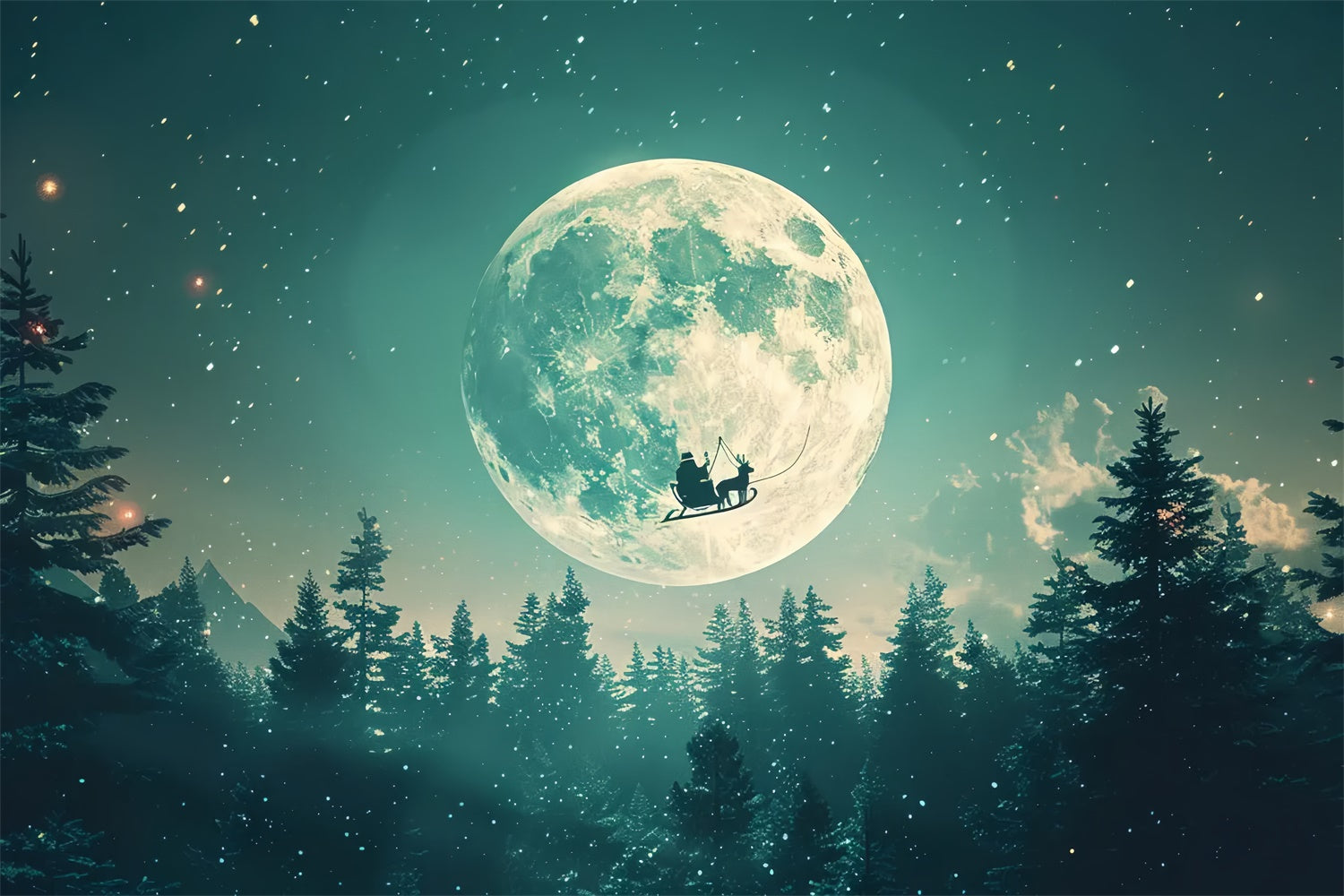 Santa’s Sleigh Flying Across Christmas Moon Backdrop BRP8-73