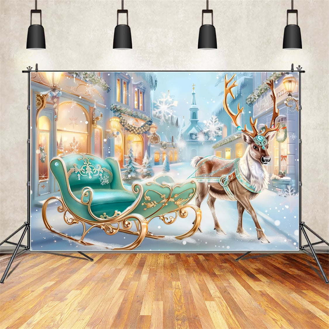 Royal Reindeer and Sleigh in Christmas Town Backdrop BRP8-74