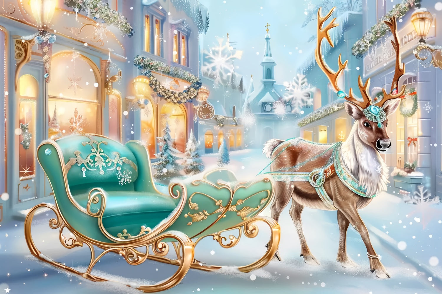 Royal Reindeer and Sleigh in Christmas Town Backdrop BRP8-74