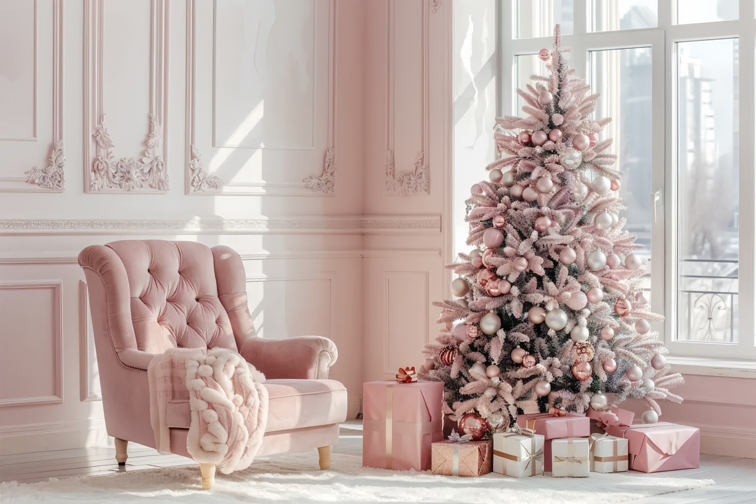 Elegant Pink Christmas Tree with Gifts Backdrop BRP8-75