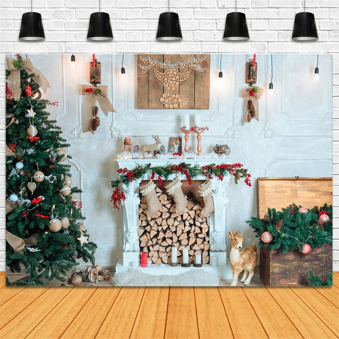 Christmas Rustic Reindeer and Fireplace Backdrop BRP8-76