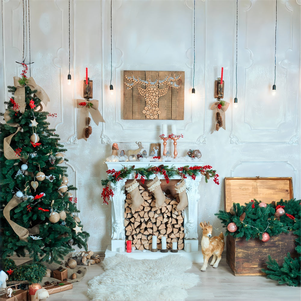 Christmas Rustic Reindeer and Fireplace Backdrop BRP8-76