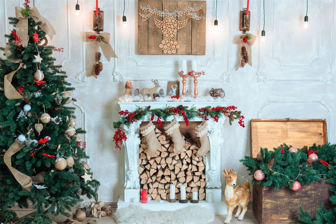 Christmas Rustic Reindeer and Fireplace Backdrop BRP8-76