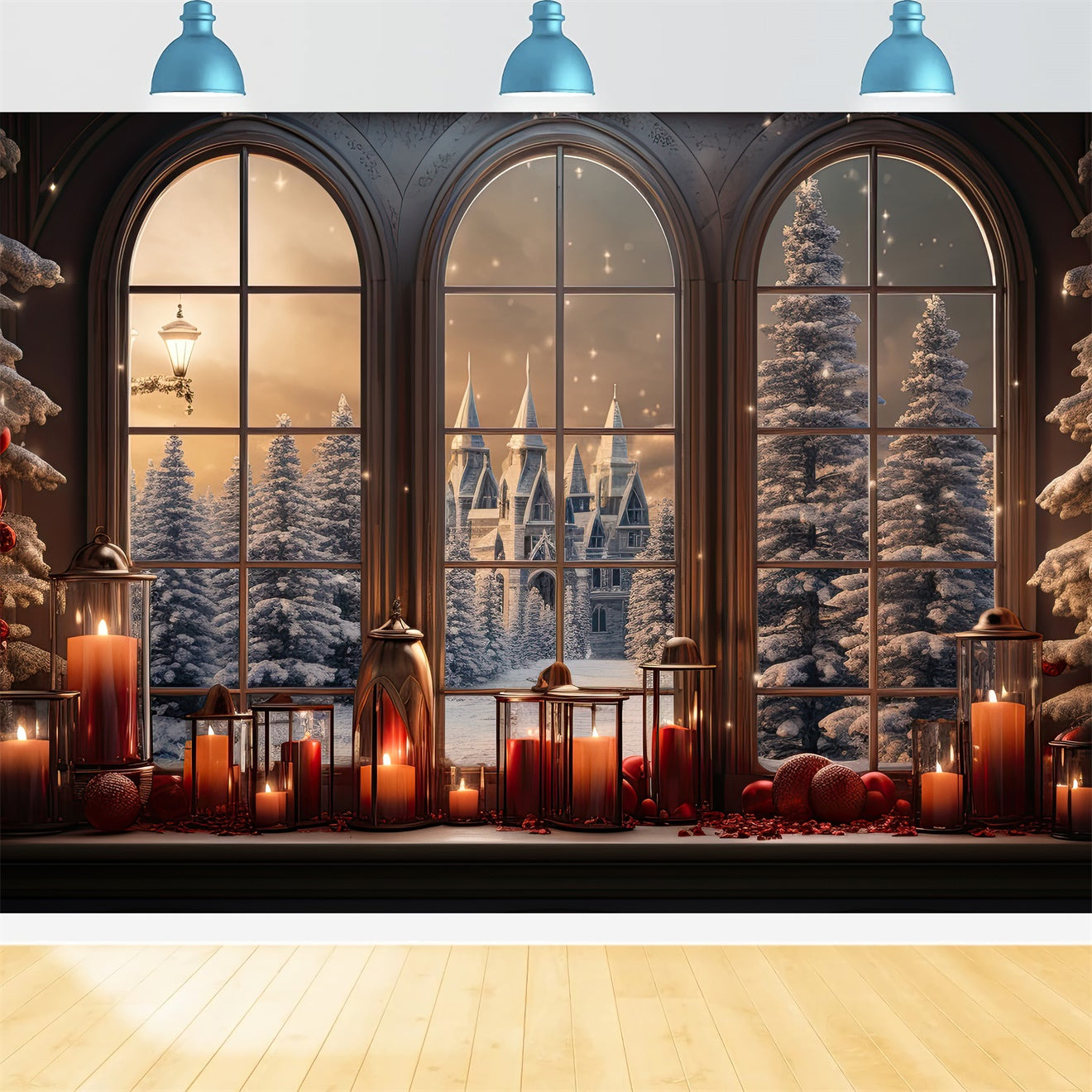 Christmas Snowy Castle Candlelit Window Backdrop BRP8-79