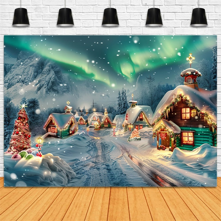 Snow Covered Christmas Cabins Aurora Backdrop BRP9-100