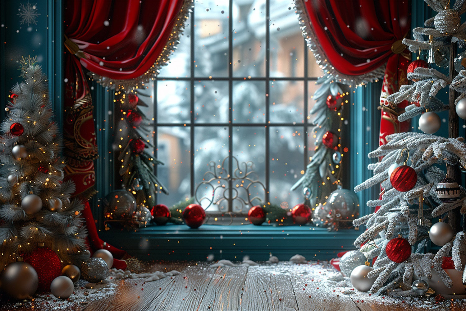 Frosted Trees Festive Ornaments Window Backdrop BRP9-101