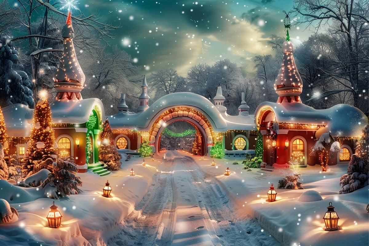 Glowing Christmas Lanterns Snowy Village Backdrop BRP9-102