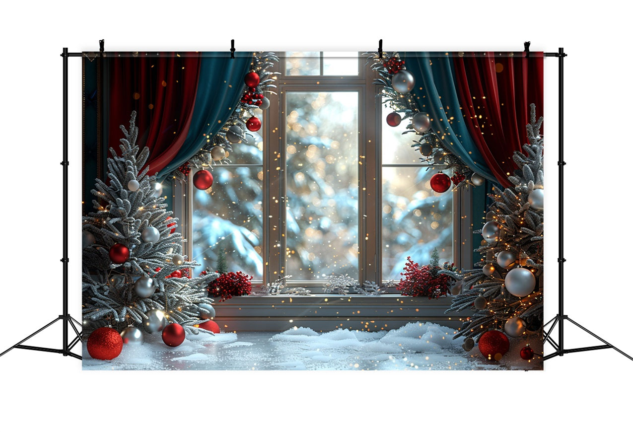 Snowy Christmas Window Glittering Ornaments Backdrop BRP9-107