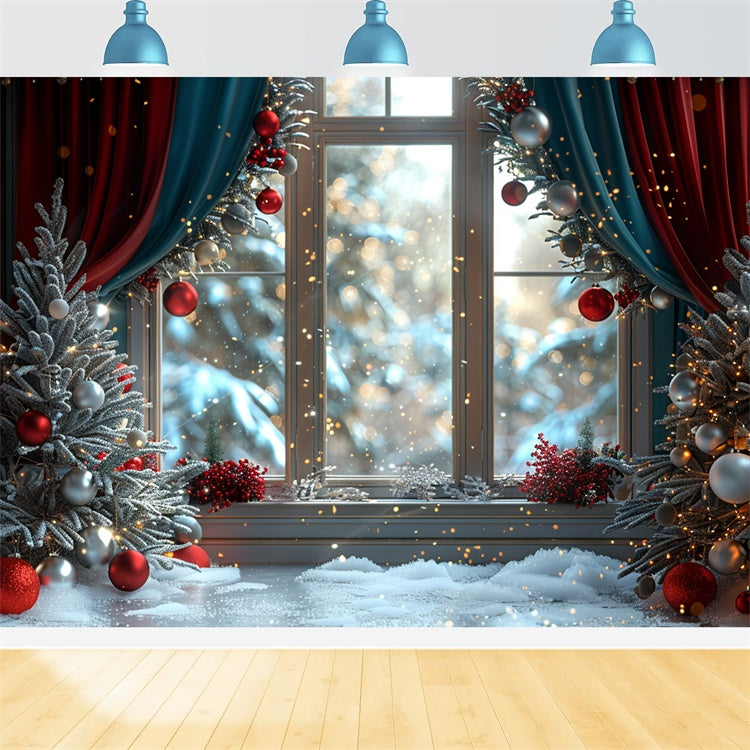 Snowy Christmas Window Glittering Ornaments Backdrop BRP9-107