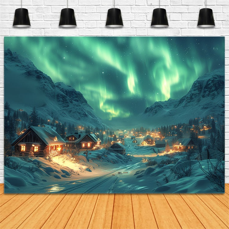 Northern Lights Over Snowy Christmas Village Backdrop BRP9-108