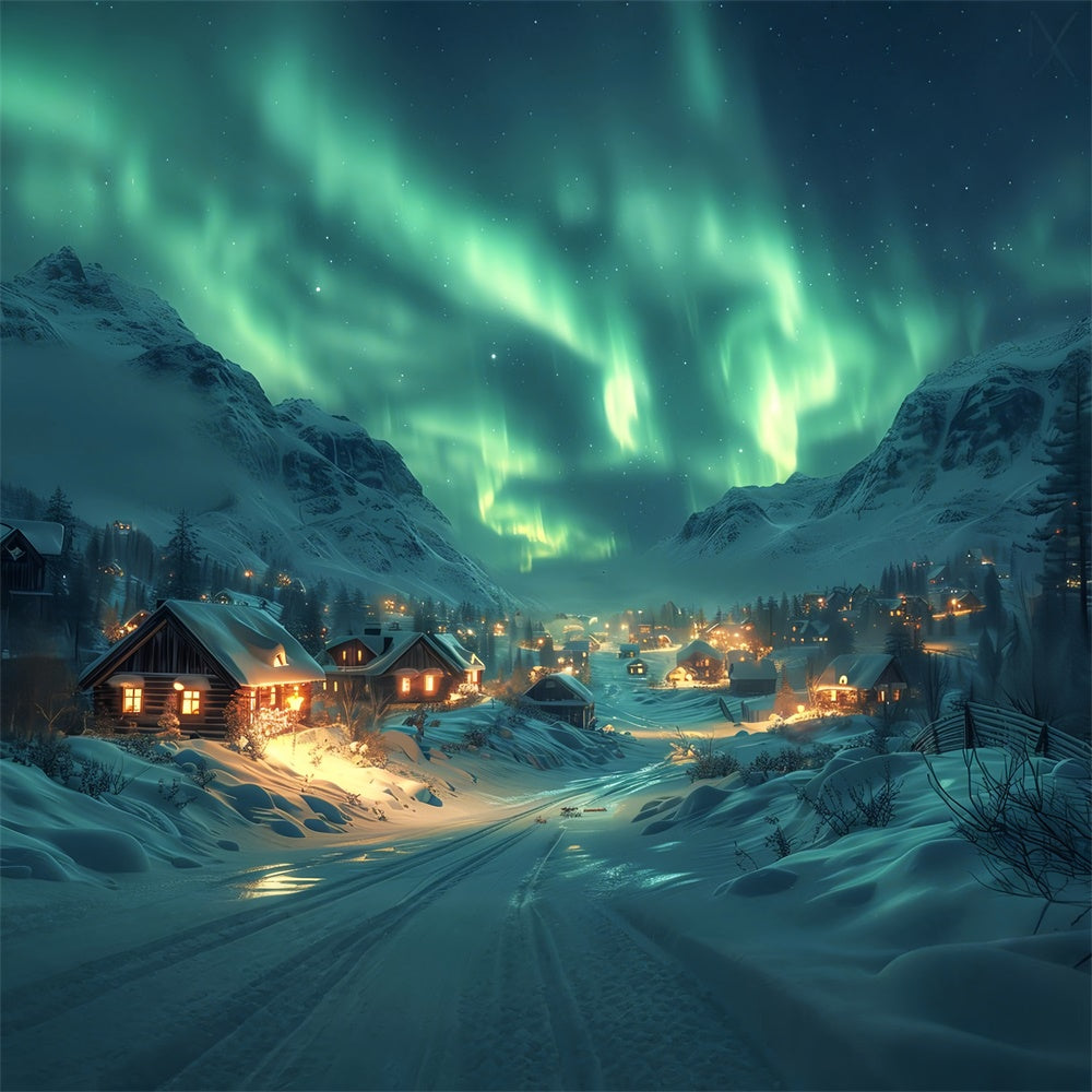 Northern Lights Over Snowy Christmas Village Backdrop BRP9-108