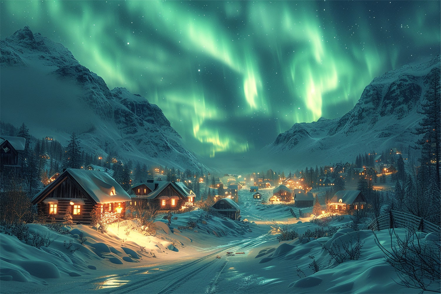 Northern Lights Over Snowy Christmas Village Backdrop BRP9-108