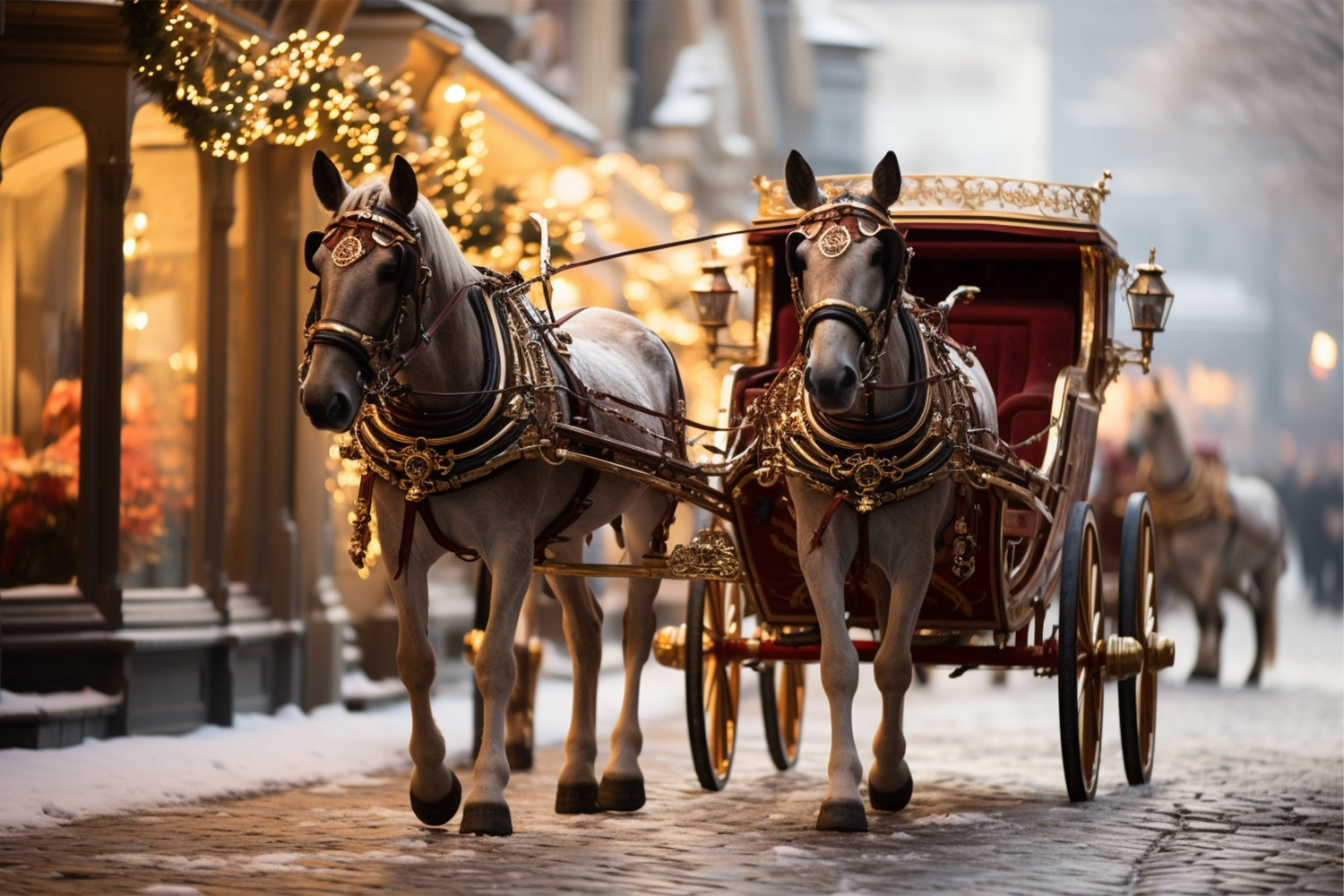 Christmas Carriage Passing Festive Storefronts Backdrop BRP9-109