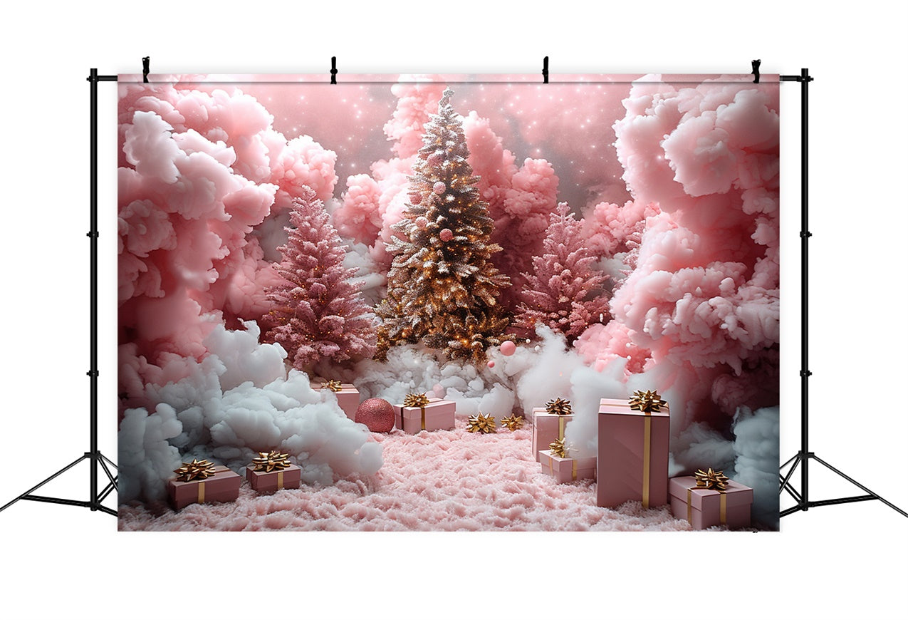 Pink Snow Clouds Christmas Gifts Under Tree Backdrop BRP9-110