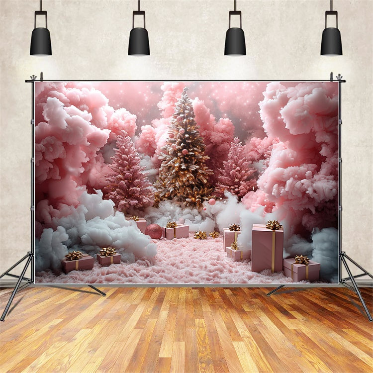 Pink Snow Clouds Christmas Gifts Under Tree Backdrop BRP9-110