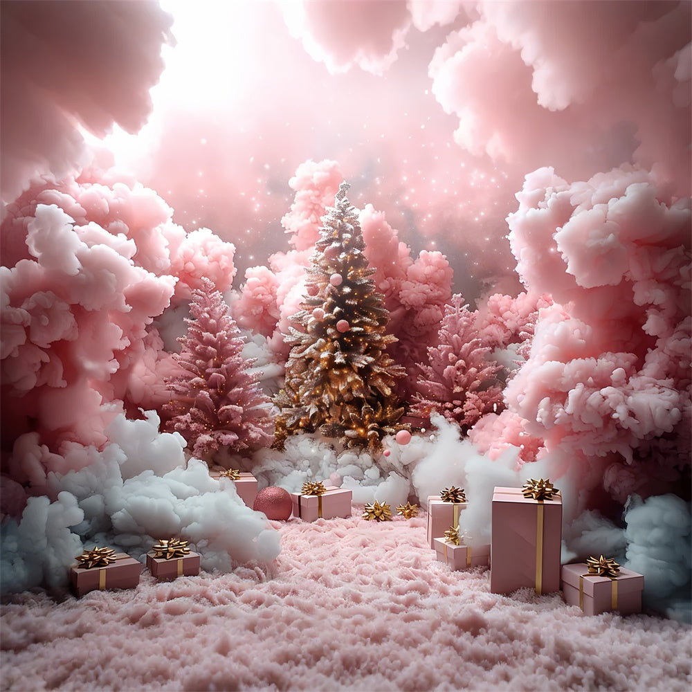 Pink Snow Clouds Christmas Gifts Under Tree Backdrop BRP9-110