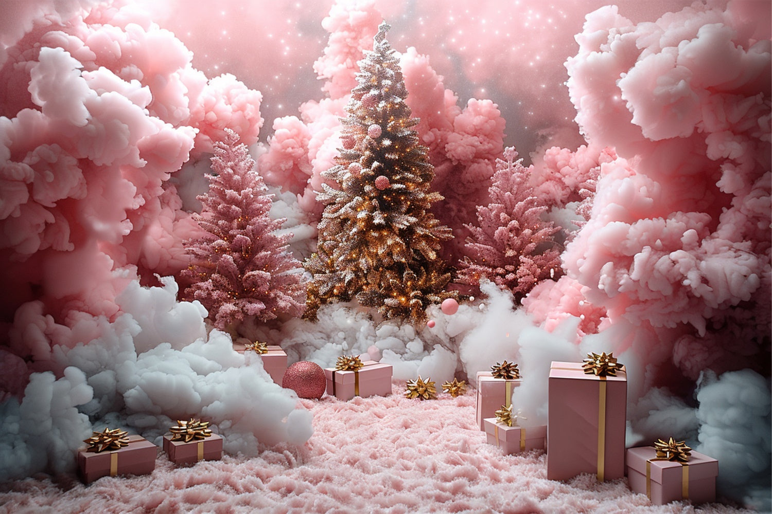 Pink Snow Clouds Christmas Gifts Under Tree Backdrop BRP9-110