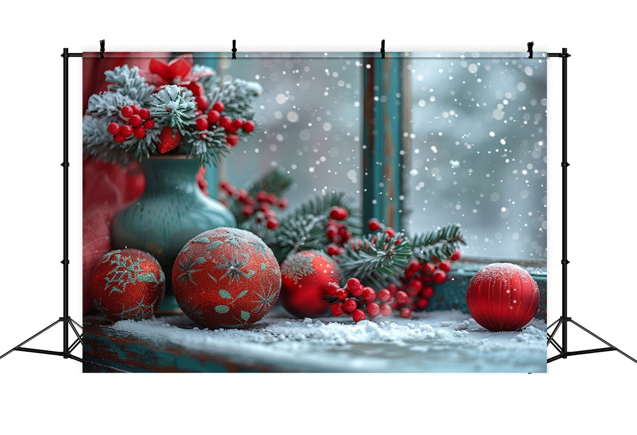 Snowy Window Red Berries and Ornaments Backdrop BRP9-114