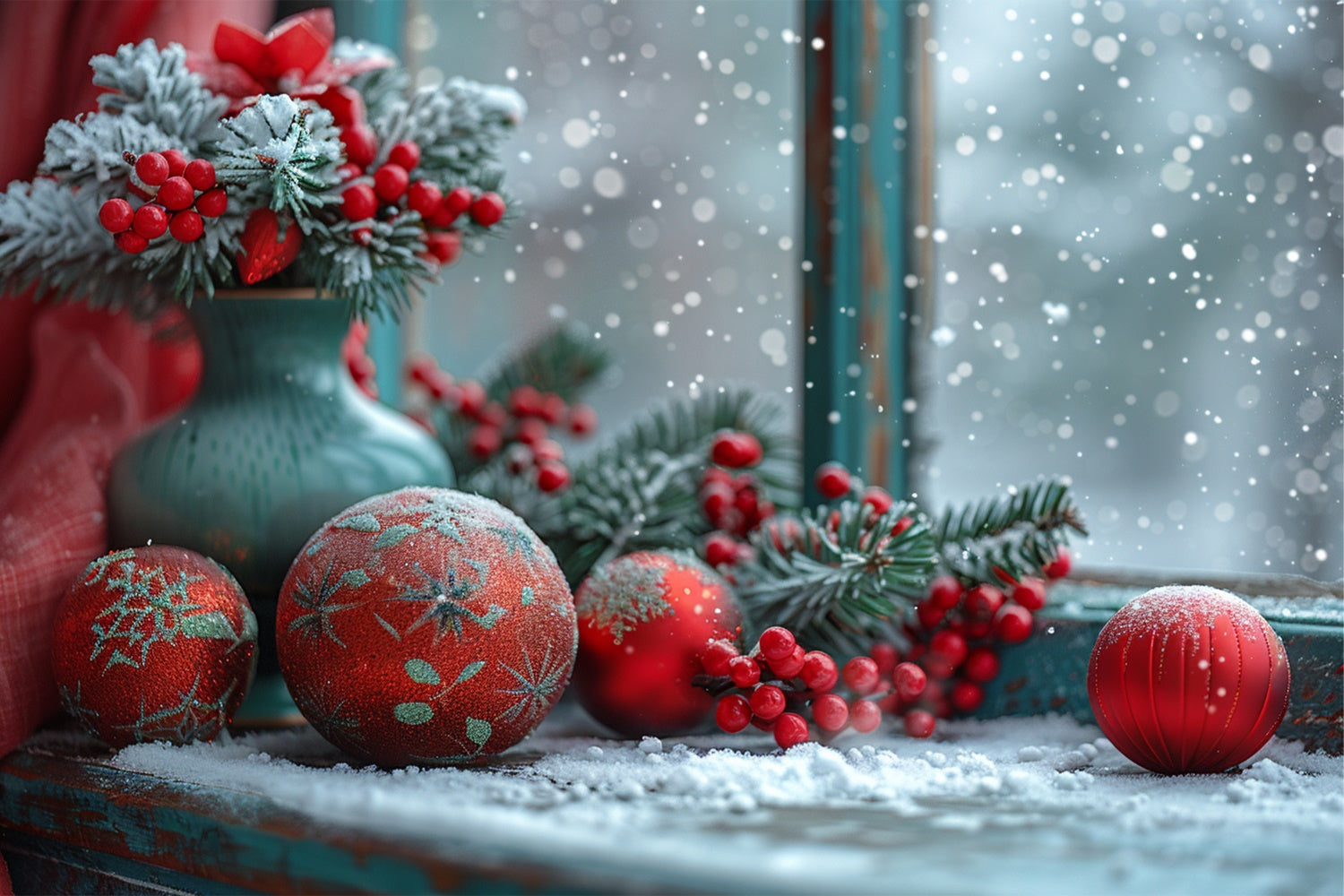 Snowy Window Red Berries and Ornaments Backdrop BRP9-114