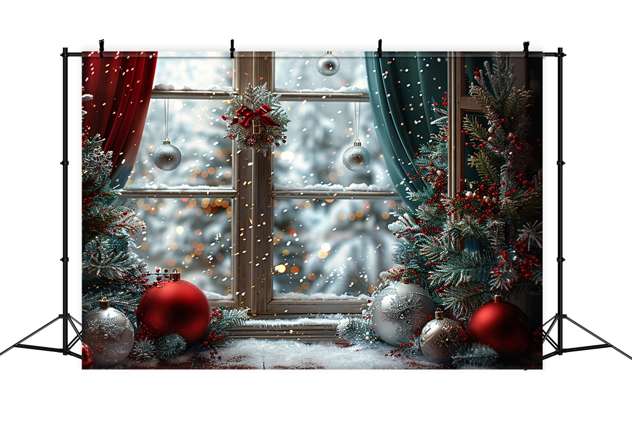 Snowy Christmas Window Holiday Ornaments Backdrop BRP9-116