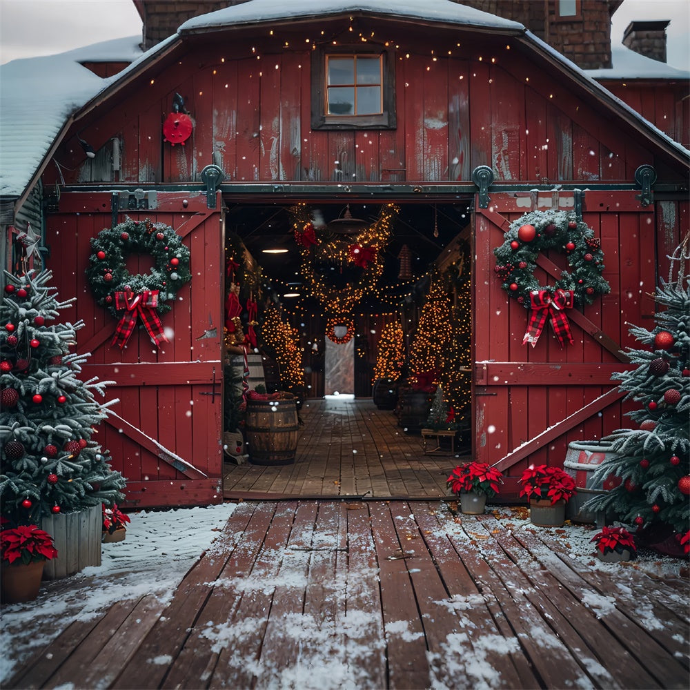 Rustic Barn Christmas Tree Wreath Wonderland Backdrop BRP9-117